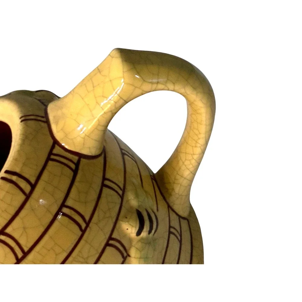 Vintage Beehive Skep Ceramic Teapot Yellow Crackle Glaze with Honeybee Accents